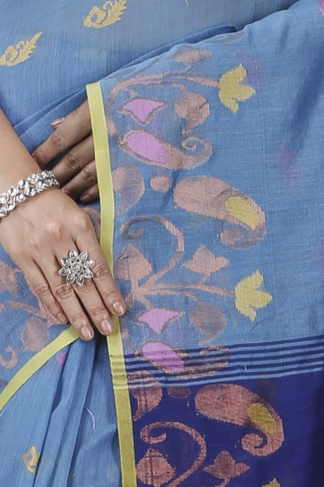 See Blue Blended Cotton Banu Hand Loom Saree (1286)